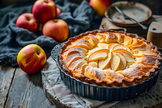 Apple pie with fresh apples in a pie pan.
