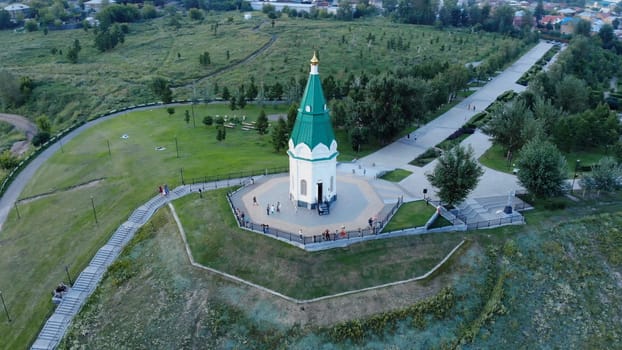 Chapel of Paraskeva Pyatnitsa at the Karaulnaya mountain in Krasnoyarsk. Aerial view