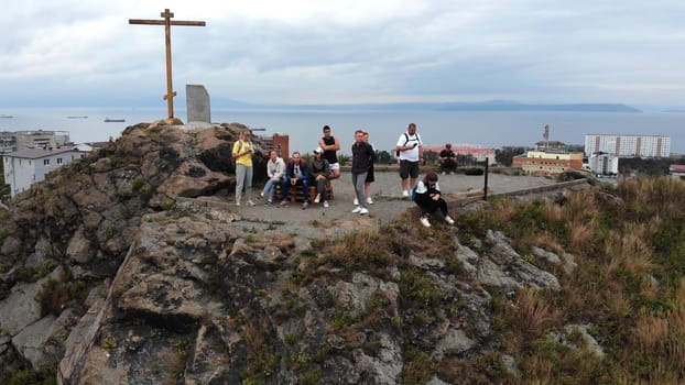 Cross Hill in Vladivostok with people. Aerial view