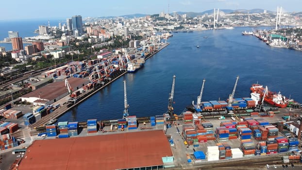 Top view. Vladivostok Commercial Sea Port. Industrial port with containers in Vladivostok