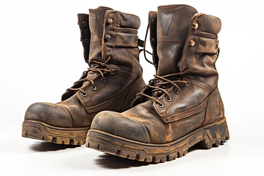 Old worn military boots on a white background.