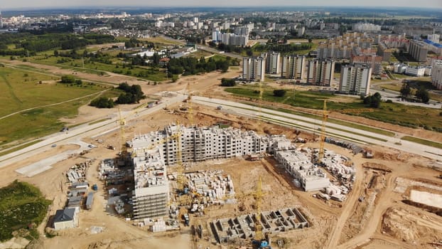 Construction of apartment buildings in Belarus. Drone view