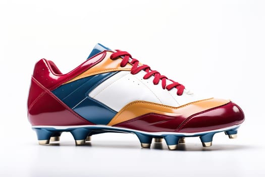 American football boots in red and blue colors with spikes on a white background.