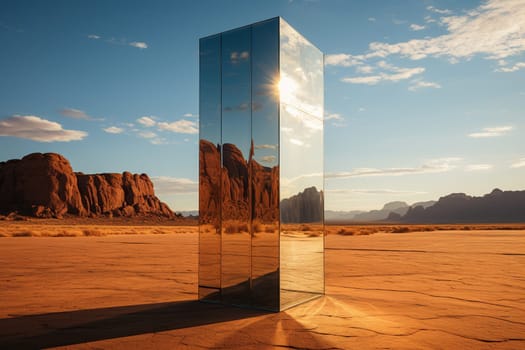 Large mirror in the desert with reflection.