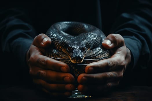 A snake in a bowl in the hands of a man.