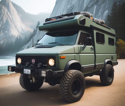 green matte 4x4 lifter vintage van conversion , nomadic lifestyle , offroad wheels, 3d render art ai generated