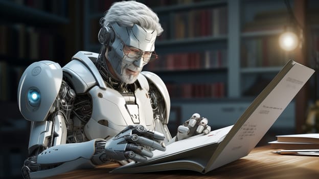 An advanced robot with a human-like face engrossed in reading a book, surrounded by a library setting.