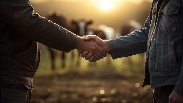Handshake of two farmers against the background with cows.