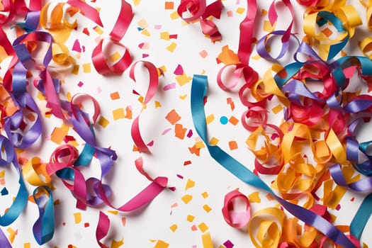 Colorful ribbons and confetti on a white background symbolizing celebration.