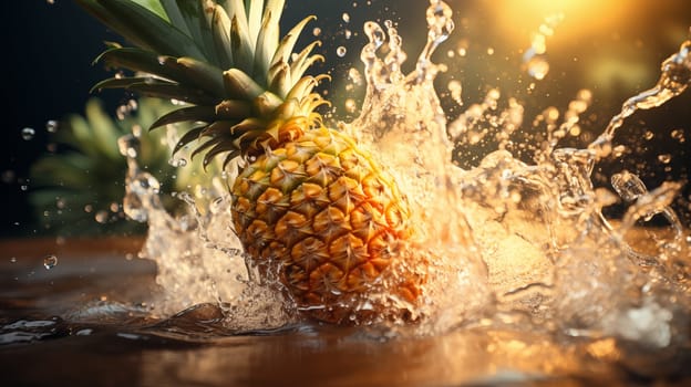 Beautiful fresh pineapple and slice fall in blue water, with splashes