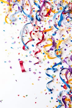 Colorful confetti and streamers on a white background, celebration concept.