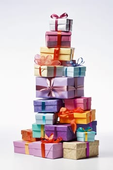 Stack of colorful gift boxes with vibrant ribbons against a white background.