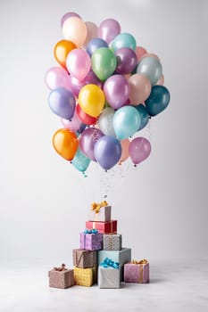 Colorful balloons tied to gifts against a white background.