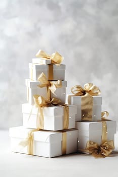 A stack of white gift boxes with golden ribbons on a light background.
