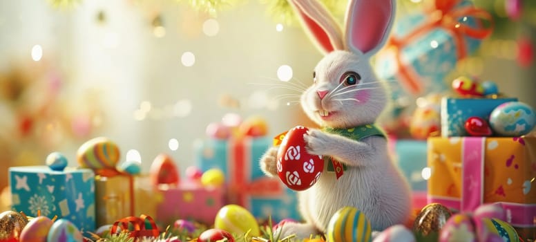 Illustrated bunny in a festive setting with colorful Easter eggs and gifts
