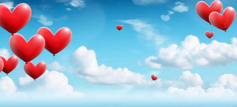 A group of red heart-shaped balloons floating away into a cloudy blue sky, creating a dreamy romantic atmosphere.