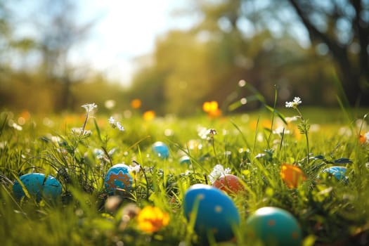 Vibrant Easter eggs scattered among fresh spring grass and wildflowers, with warm sunlight filtering through trees.