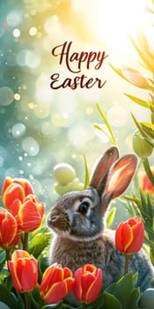 A festive Easter banner depicting a lifelike bunny with red tulips and decorated Easter eggs, embodying the joy of the holiday