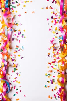 Colorful paper ribbons and confetti scattered on a surface.