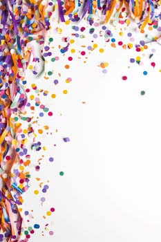 Colorful ribbons and confetti on a white background symbolizing celebration.