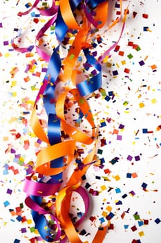 Colorful ribbons and confetti scattered over a white background.