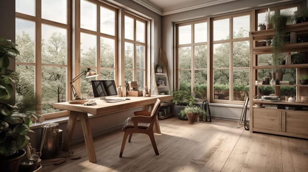 home office with plant, desk and large windows - AI generative