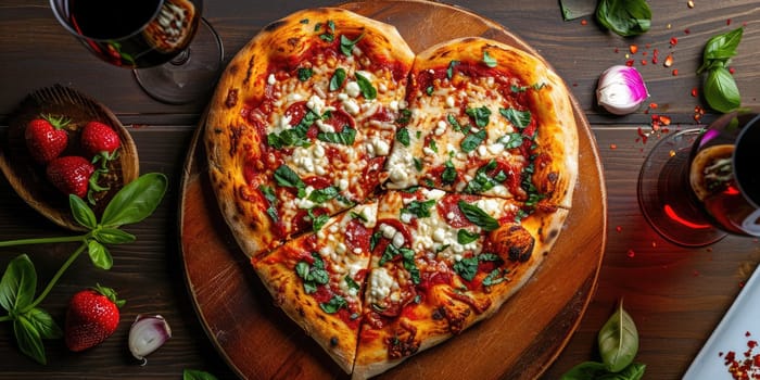 Heart shaped pizza for Valentines day on dark rustic wooden background pragma