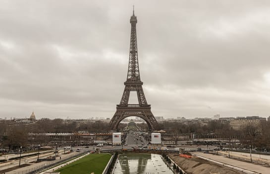 France, Paris - Jan 4, 2024 - Nice scenery of Eiffel Tower with sky background in Paris. View from Trocadero view point at evening, Destinations in Europe. Space for text, Selective focus.