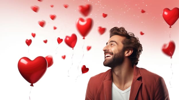 Man in love with red heart background, over white background. Love concept. Valentines day.