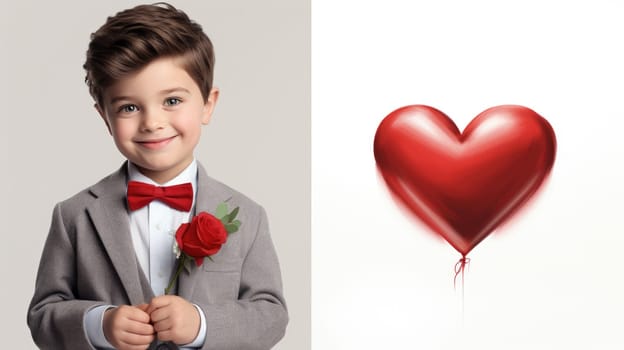 Lovely boy holding red rose and red big heart, over white background. Love concept. Valentines day.