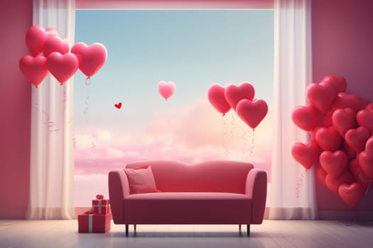 Interior of festive room decorated for Valentine's Day with air balloons, flowers and candles.