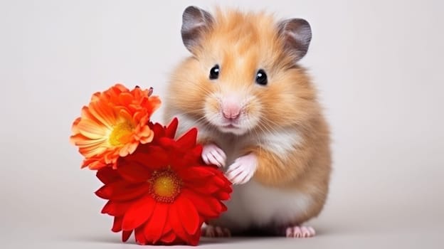 Cute hamster with flowers on white background. Love from hamster. Valentine's Day