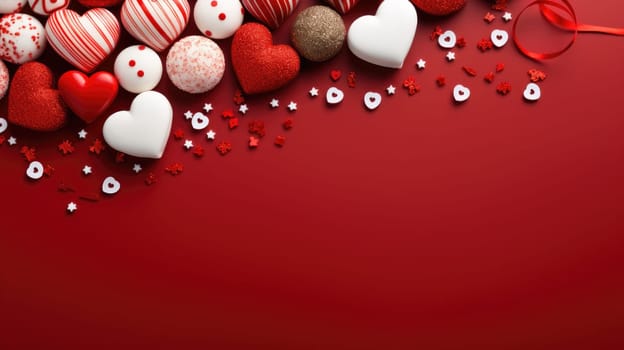 Valentines day heart shaped sweets on red background. Top view with copy space