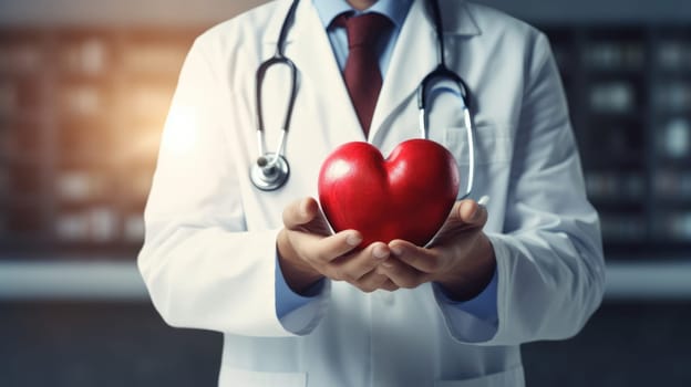 Doctor is holding red heart in his hands. St Valentine's Day vibe. Heart surgery, Cardiac surgery