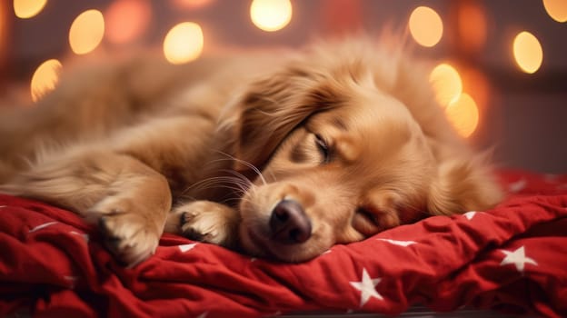 Cute puppy sleeping peacefully on soft yellow bed. Small dog is resting at home.