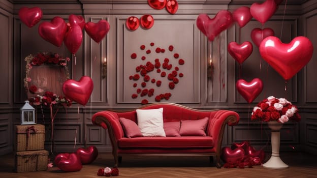 Interior of festive room decorated for Valentine's Day with air balloons, flowers and candles.