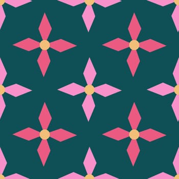 Hand drawn seamless pattern with pink scandi scandinavian flowers on emerald green background. Retro vintage mid century modern floral print, teal sunflower nordic art, simple geometric minimalist
