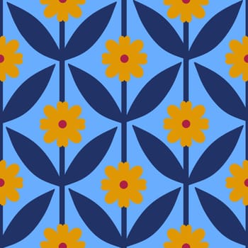 Hand drawn seamless pattern with yellow scandi scandinavian flowers navy leaves on blue background. Retro vintage mid century modern floral print, teal sunflower nordic art, simple geometric minimalist