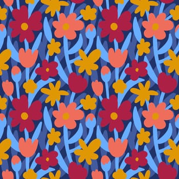 Hand drawn seamless pattern with flower floral elements, blue red yellow blossom leaves. Nature bold botanical print, peach apricot bloom daisy, modern contemporary style
