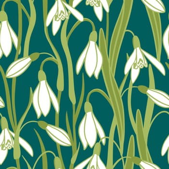 Hand drawn seamless pattern of green snowdrop galanthus flower with white leaves. Spring forest plant, pastel nature botanical art, bloom blossom first flower snow wood, realistic petal botany