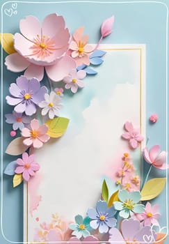 Cherry blossom frame on pastel background with space for text. Sakura.Paper art of Cherry blossom with frame on pastel background.Paper cut style.Spring background with sakura flowers and leaves. Vector paper illustration.3d rendering.Spring flowers frame with copy space for your text. Pastel colors.Minimal style.İnvitation and celebrations.