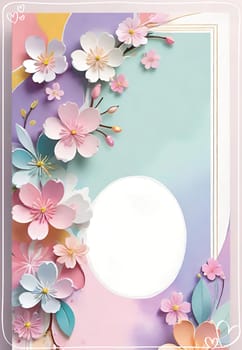 Cherry blossom frame on pastel background with space for text. Sakura.Paper art of Cherry blossom with frame on pastel background.Paper cut style.Spring background with sakura flowers and leaves. Vector paper illustration.3d rendering.Spring flowers frame with copy space for your text. Pastel colors.Minimal style.İnvitation and celebrations.