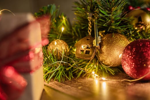 Christmas gift or present box, against magic bokeh background. Beautiful Christmas gift boxes with ribbon.