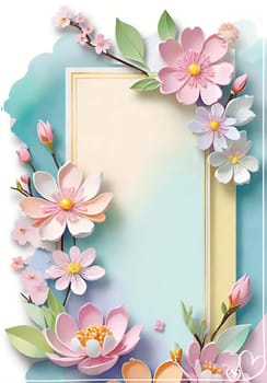 Cherry blossom frame on pastel background with space for text. Sakura.Paper art of Cherry blossom with frame on pastel background.Paper cut style.Spring background with sakura flowers and leaves. Vector paper illustration.3d rendering.Spring flowers frame with copy space for your text. Pastel colors.Minimal style.İnvitation and celebrations.