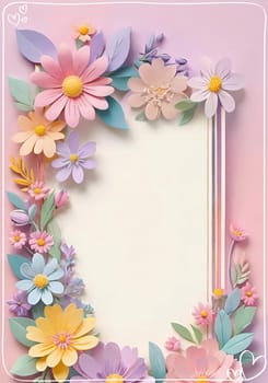 Cherry blossom frame on pastel background with space for text. Sakura.Paper art of Cherry blossom with frame on pastel background.Paper cut style.Spring background with sakura flowers and leaves. Vector paper illustration.3d rendering.Spring flowers frame with copy space for your text. Pastel colors.Minimal style.İnvitation and celebrations.