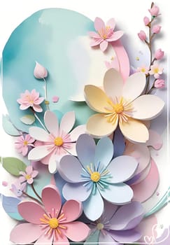 Cherry blossom frame on pastel background with space for text. Sakura.Paper art of Cherry blossom with frame on pastel background.Paper cut style.Spring background with sakura flowers and leaves. Vector paper illustration.3d rendering.Spring flowers frame with copy space for your text. Pastel colors.Minimal style.İnvitation and celebrations.