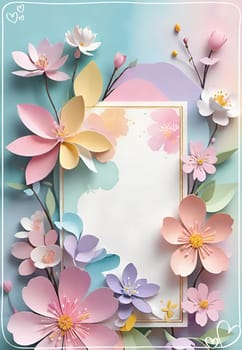 Cherry blossom frame on pastel background with space for text. Sakura.Paper art of Cherry blossom with frame on pastel background.Paper cut style.Spring background with sakura flowers and leaves. Vector paper illustration.3d rendering.Spring flowers frame with copy space for your text. Pastel colors.Minimal style.İnvitation and celebrations.