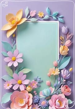 Cherry blossom frame on pastel background with space for text. Sakura.Paper art of Cherry blossom with frame on pastel background.Paper cut style.Spring background with sakura flowers and leaves. Vector paper illustration.3d rendering.Spring flowers frame with copy space for your text. Pastel colors.Minimal style.İnvitation and celebrations.