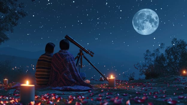 young couple looking out to romantic night sky in valentines day pragma