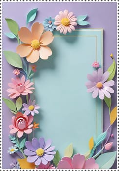 Cherry blossom frame on pastel background with space for text. Sakura.Paper art of Cherry blossom with frame on pastel background.Paper cut style.Spring background with sakura flowers and leaves. Vector paper illustration.3d rendering.Spring flowers frame with copy space for your text. Pastel colors.Minimal style.İnvitation and celebrations.